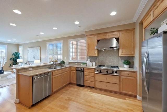 kitchen featuring stainless steel appliances, a wealth of natural light, sink, and wall chimney range hood