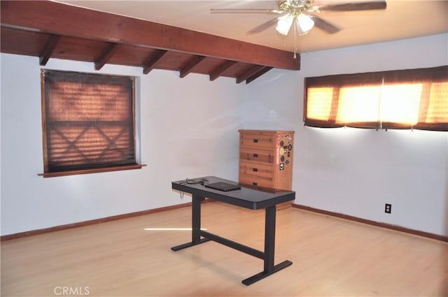 unfurnished office featuring hardwood / wood-style flooring, ceiling fan, and lofted ceiling with beams