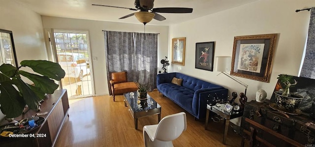 living room featuring hardwood / wood-style flooring and ceiling fan