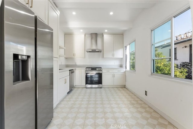 kitchen featuring white cabinetry, appliances with stainless steel finishes, beam ceiling, and wall chimney exhaust hood