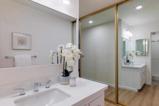 bathroom with vanity and hardwood / wood-style floors