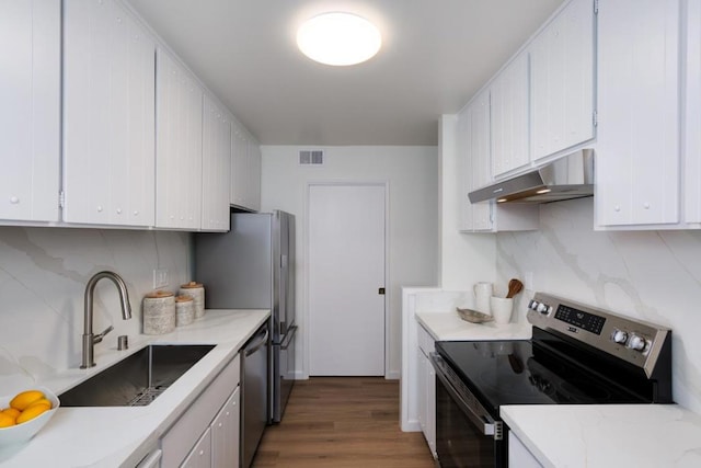 kitchen with stainless steel appliances, sink, decorative backsplash, and white cabinets