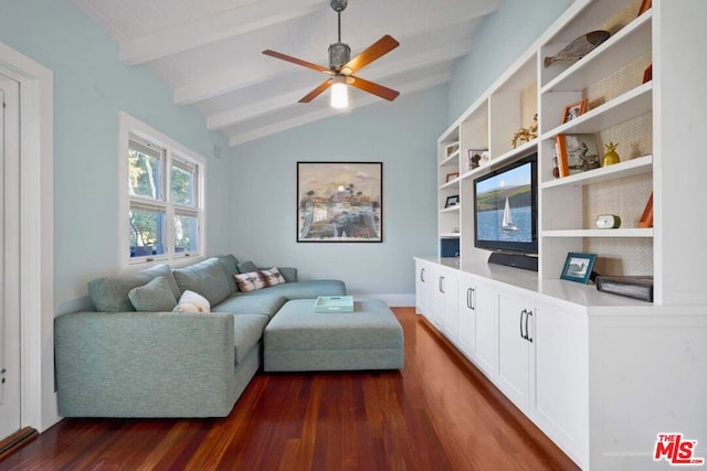 living room with dark wood-type flooring, lofted ceiling with beams, and ceiling fan