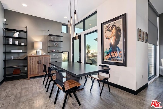 dining room featuring a high ceiling and wood-type flooring