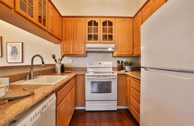 kitchen featuring dark hardwood / wood-style flooring, sink, white appliances, and light stone counters