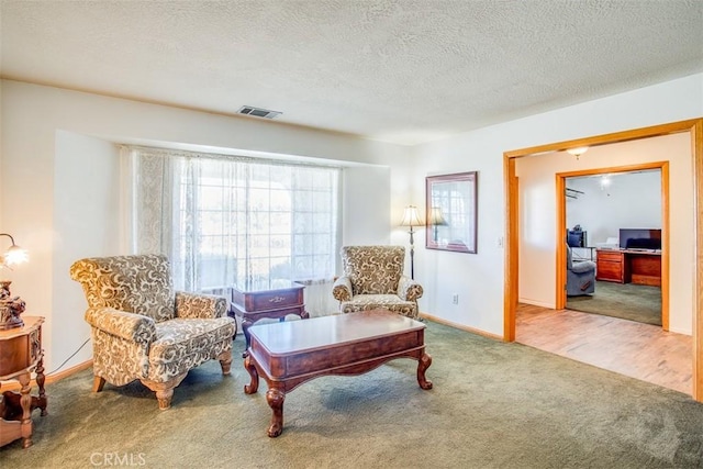 living area with carpet and a textured ceiling