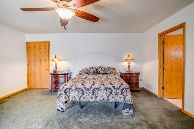 bedroom featuring dark carpet and ceiling fan