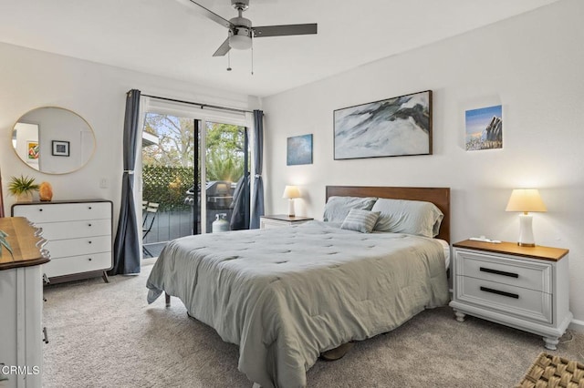 bedroom with ceiling fan, light colored carpet, and access to exterior