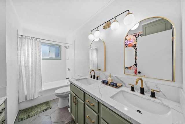 full bathroom with vanity, shower / tub combo with curtain, tile patterned floors, and toilet