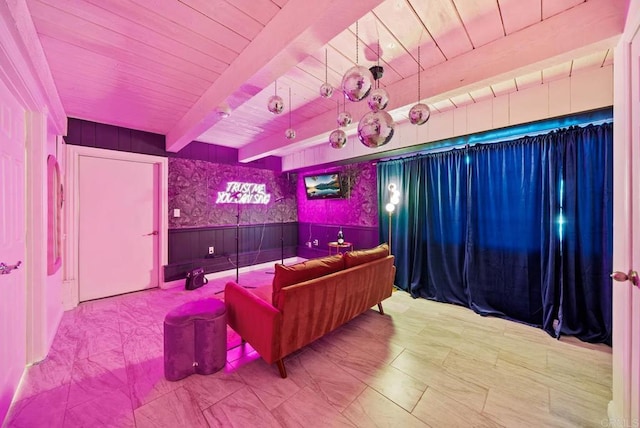 home theater with beamed ceiling and wooden ceiling