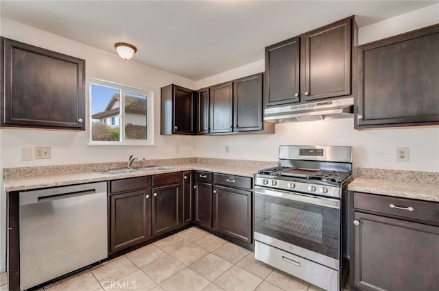 kitchen with under cabinet range hood, stainless steel appliances, a sink, and light countertops