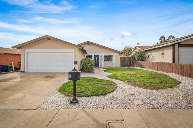 single story home featuring a garage and a front lawn