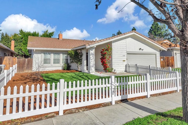 single story home with a garage and a front yard