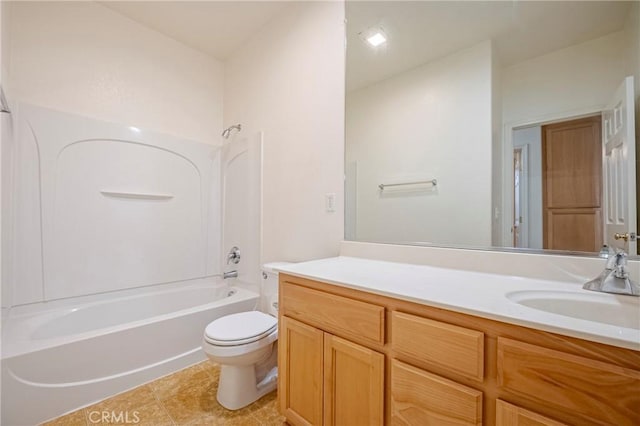 full bathroom with shower / washtub combination, toilet, tile patterned flooring, and vanity