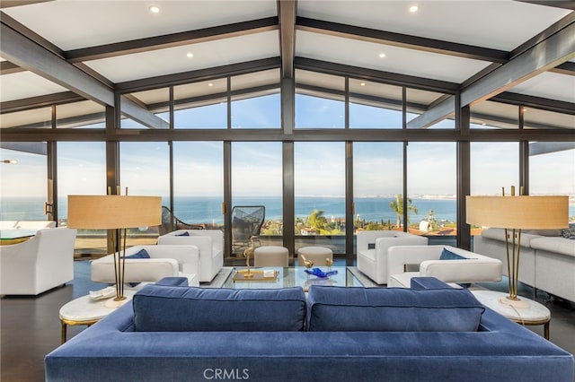 living room with vaulted ceiling with beams, a wall of windows, a healthy amount of sunlight, and a water view