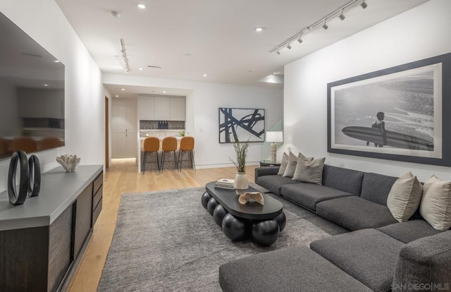 living room featuring track lighting and light hardwood / wood-style floors