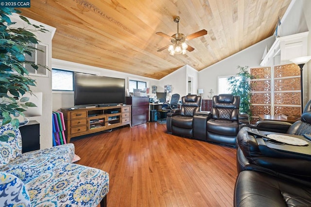 living room featuring hardwood / wood-style flooring, ceiling fan, vaulted ceiling, and wooden ceiling