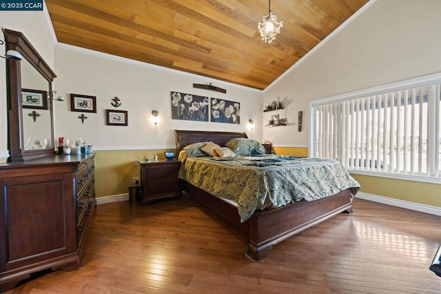 bedroom with crown molding, dark hardwood / wood-style floors, a notable chandelier, vaulted ceiling, and wooden ceiling