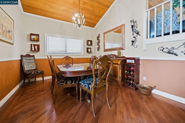 dining space with a notable chandelier, wood ceiling, wood-type flooring, and vaulted ceiling