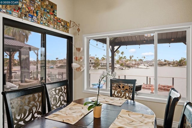 dining area with a water view