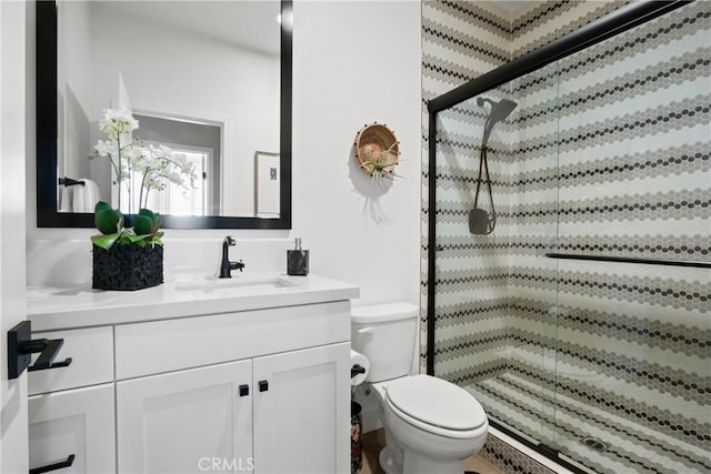 bathroom with vanity, toilet, and walk in shower