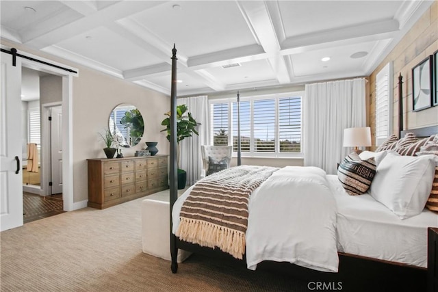 carpeted bedroom featuring coffered ceiling, a barn door, and beam ceiling