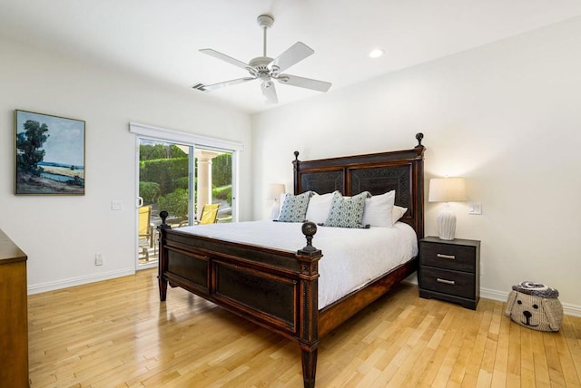 bedroom with ceiling fan, access to exterior, and light hardwood / wood-style floors