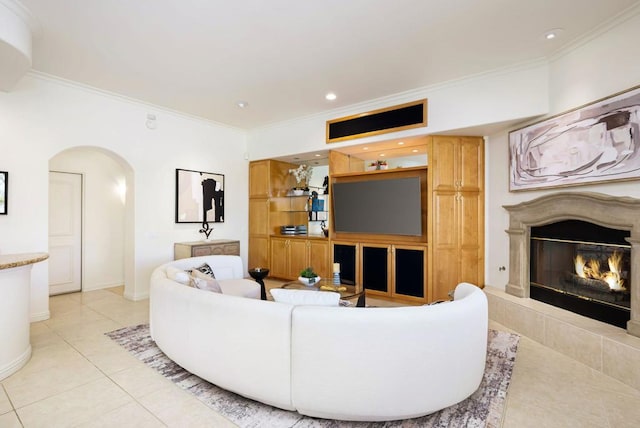 tiled living room featuring ornamental molding