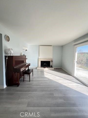 sitting room with a fireplace with raised hearth, baseboards, and wood finished floors