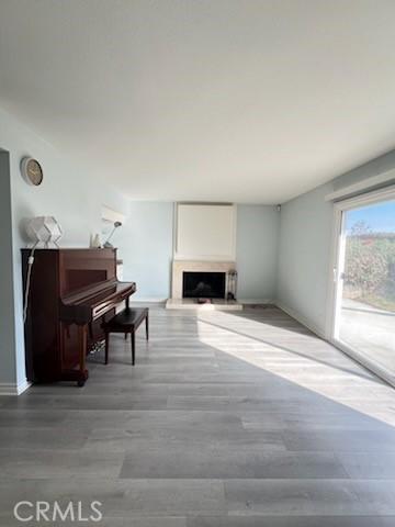 living room with baseboards, a fireplace with raised hearth, and wood finished floors