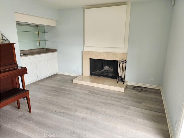 living area with baseboards, wood finished floors, and a fireplace with raised hearth