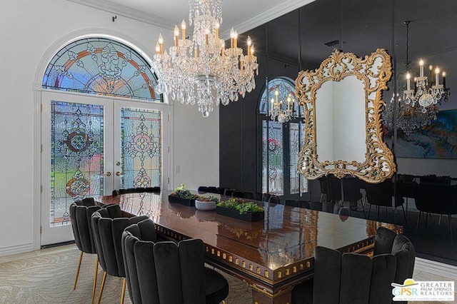 dining room featuring french doors, ornamental molding, and a notable chandelier