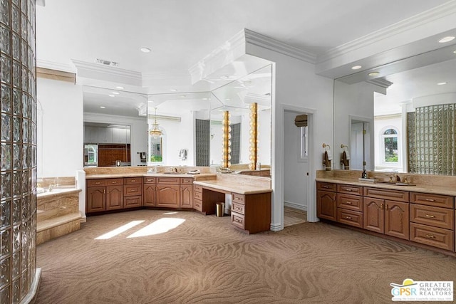 bathroom featuring crown molding, vanity, and tiled tub