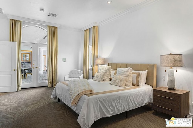 bedroom featuring dark colored carpet, ornamental molding, access to outside, and french doors