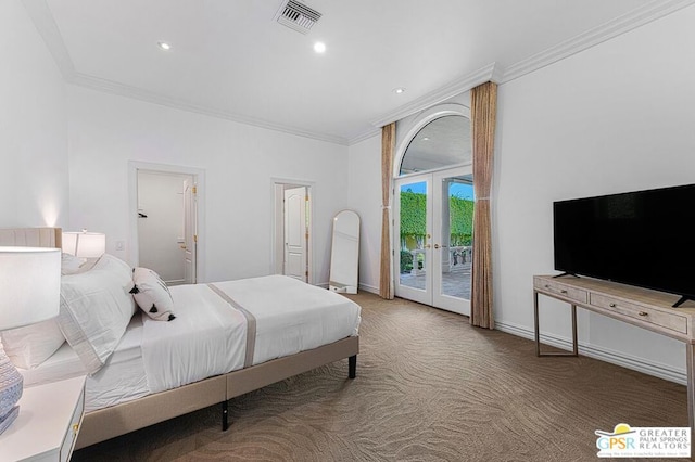 carpeted bedroom with crown molding, access to exterior, and french doors