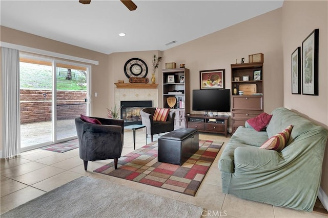 4653 Tumbleweed Way, Paso Robles, CA 93446 - living area with tile patterned floors, visible vents, ceiling fan, recessed lighting, and a fireplace