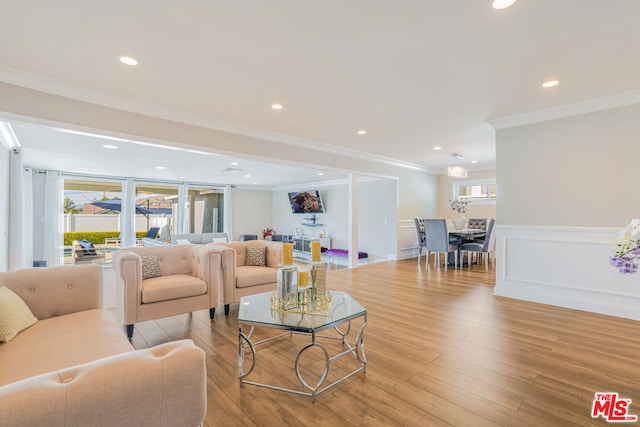 living room featuring crown molding and light hardwood / wood-style flooring