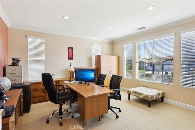 carpeted office featuring crown molding