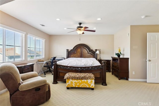 carpeted bedroom featuring ceiling fan