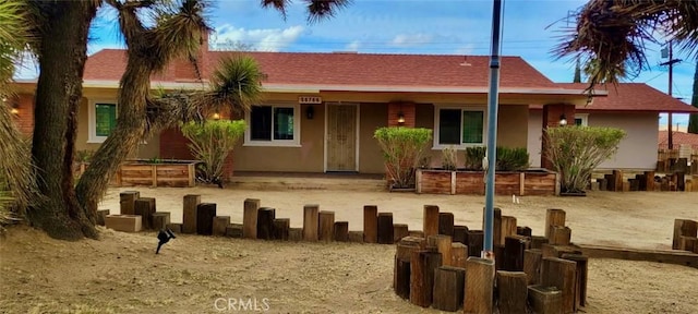 rear view of house with stucco siding and roof with shingles