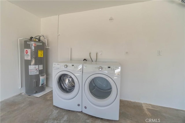 56766 Golden Bee Dr, Yucca Valley, CA 92284 - laundry area featuring electric water heater and washer and clothes dryer