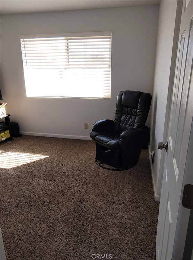 sitting room featuring carpet and baseboards