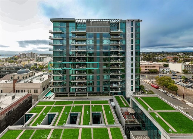 view of building exterior with a city view