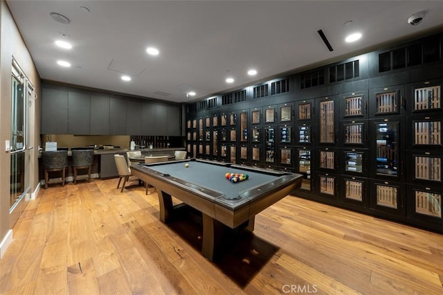 recreation room featuring billiards, light wood finished floors, and recessed lighting