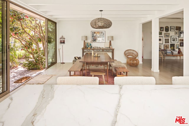 interior space featuring expansive windows, beam ceiling, and light hardwood / wood-style flooring