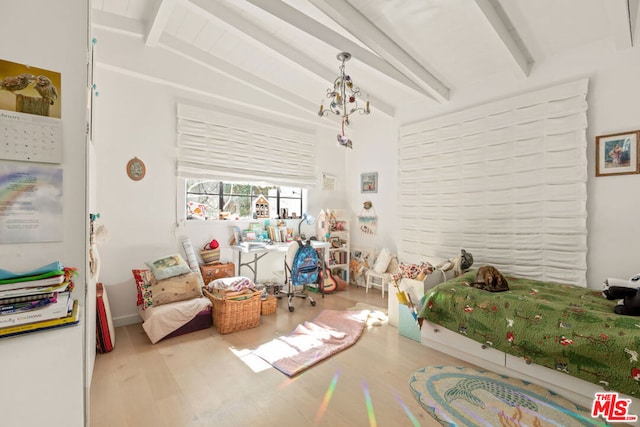 bedroom featuring an inviting chandelier, wood-type flooring, and lofted ceiling with beams