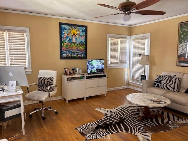 interior space featuring a wealth of natural light, ornamental molding, light hardwood / wood-style floors, and ceiling fan