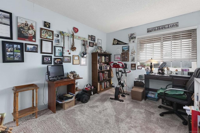 carpeted home office with a textured ceiling