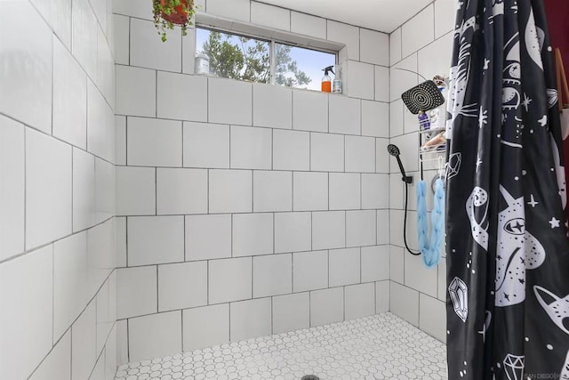 bathroom with a shower with shower curtain