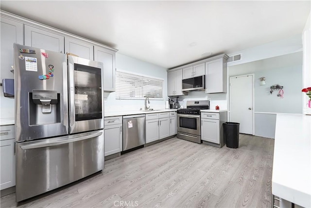 kitchen featuring appliances with stainless steel finishes, sink, gray cabinetry, and light wood-type flooring